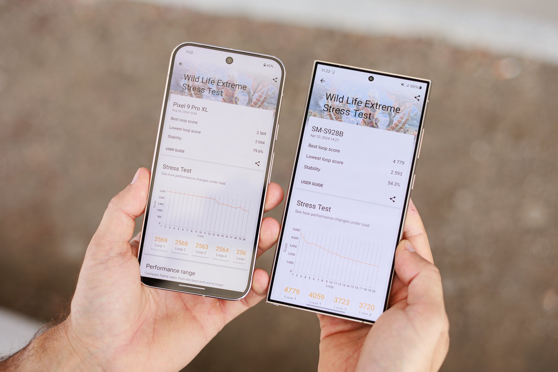 Pixel 9 Pro XL (left) vs Galaxy S24 Ultra (right) in a gaming benchmark - Google Pixel 9 Pro XL Review: The premium AI flagship