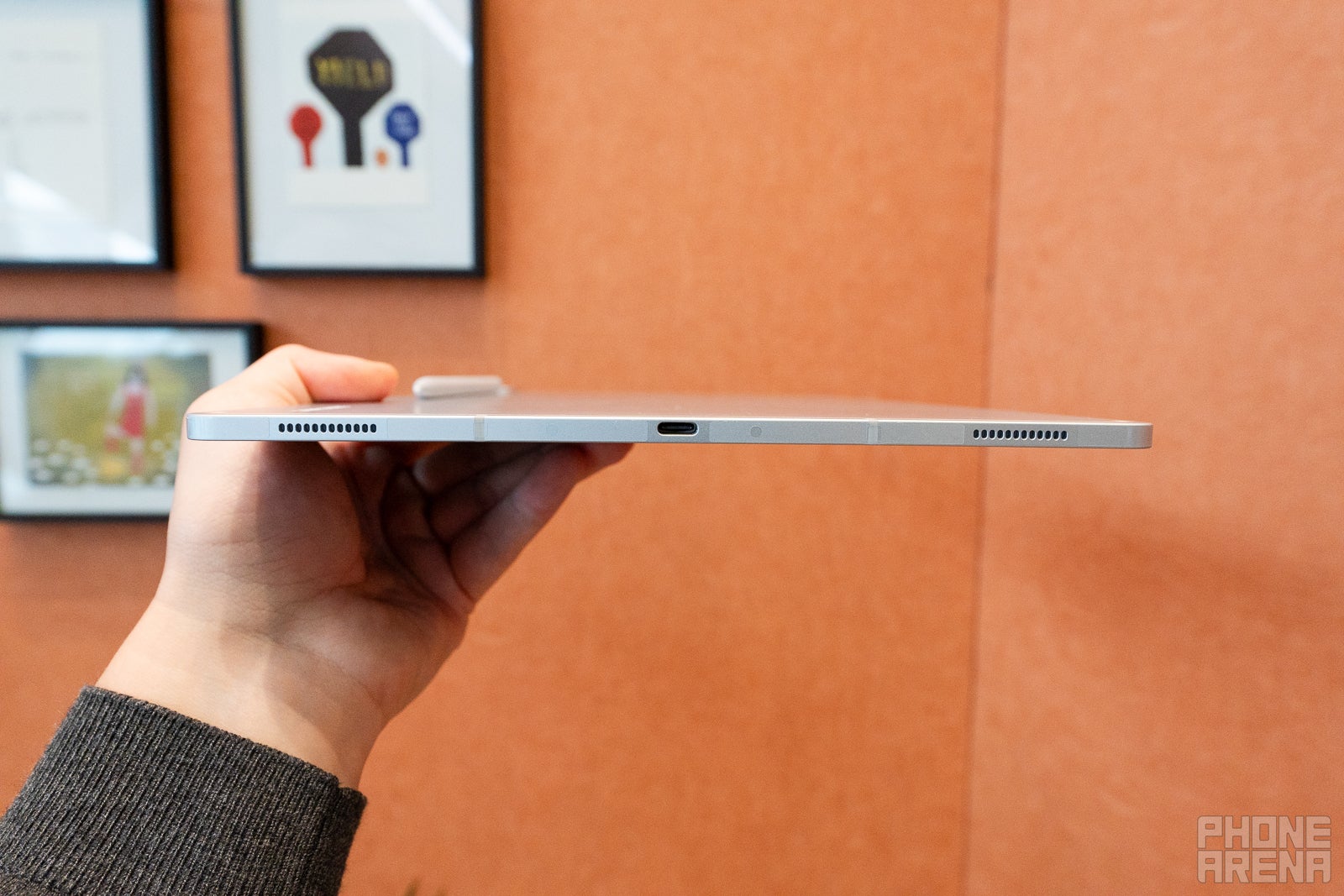 The bottom side of the Galaxy Tab S10 Ultra, the USB C port and two speaker grilles are visible