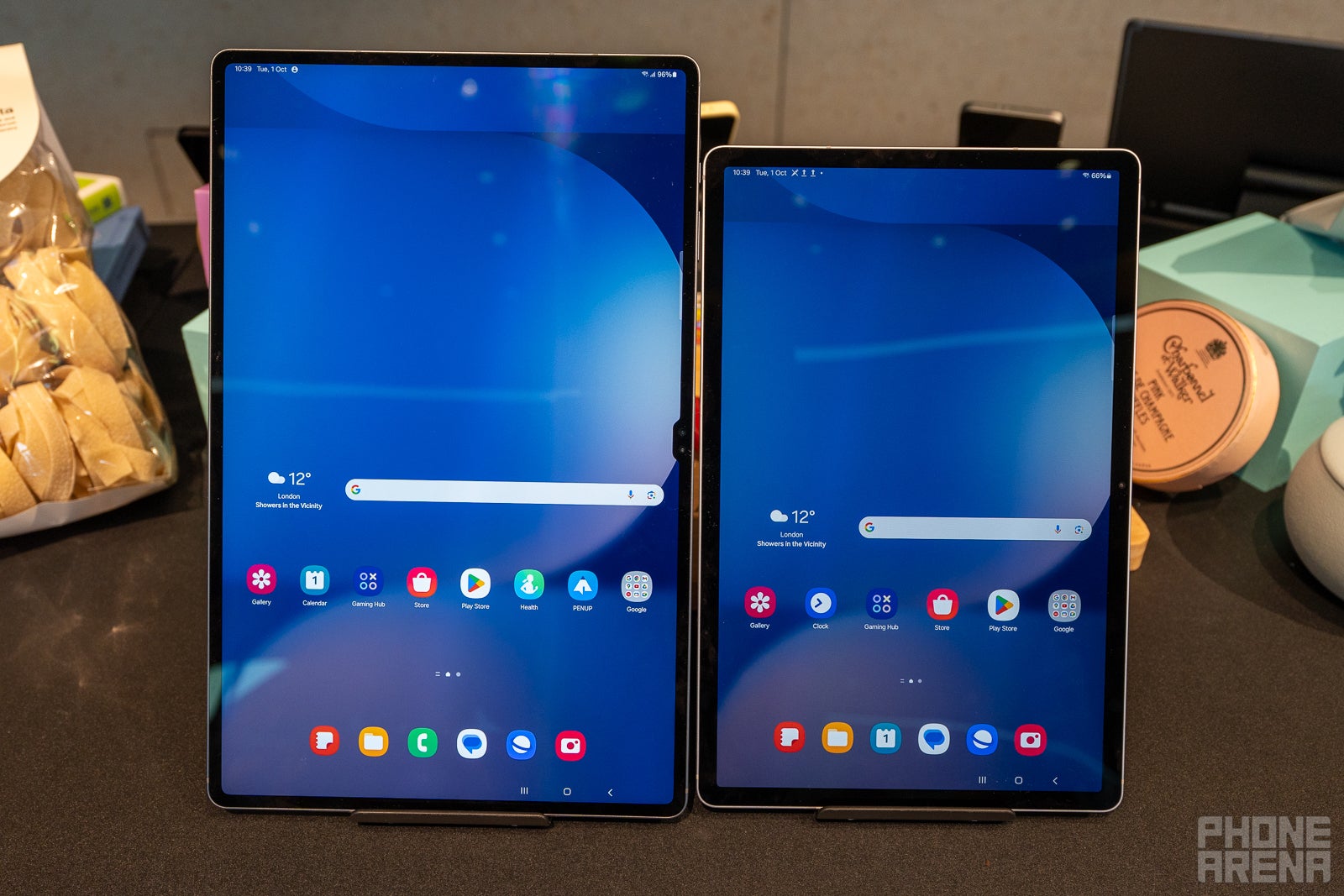 The Galaxy Tab S10 Ultra and Galaxy Tab S10+ from the front, screens are on, showing the default homescreen